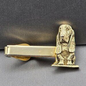 VTG Basset Hound Dog 'Hush Puppy' Tie Bar Clip 1.5" Gold Tone Retro Accessory